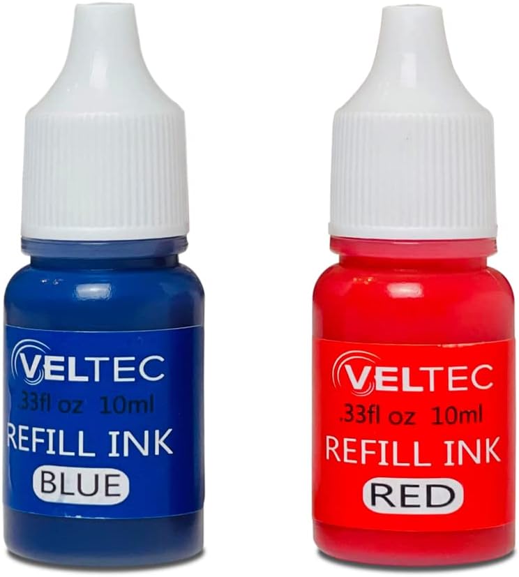 Veltec Premium 2-Color Refill Ink for Pre-Ink Stamps, Blue and Red, 10 ml Each Bottle - Image 1